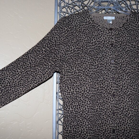Garnett Hill Medium Button Up Brown and Taupe Cheeta Print Cardigan - Picture 2 of 4